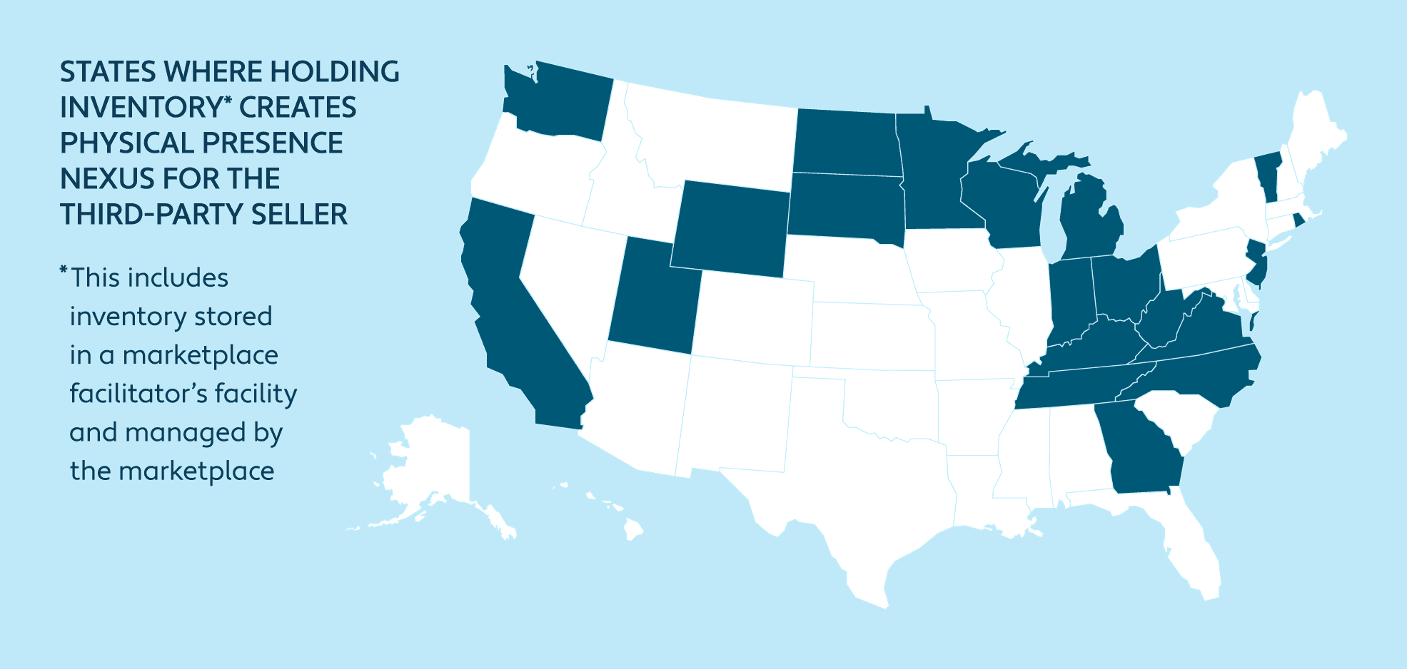 Map of U.S. states where inventory can create nexus for marketplace sellers