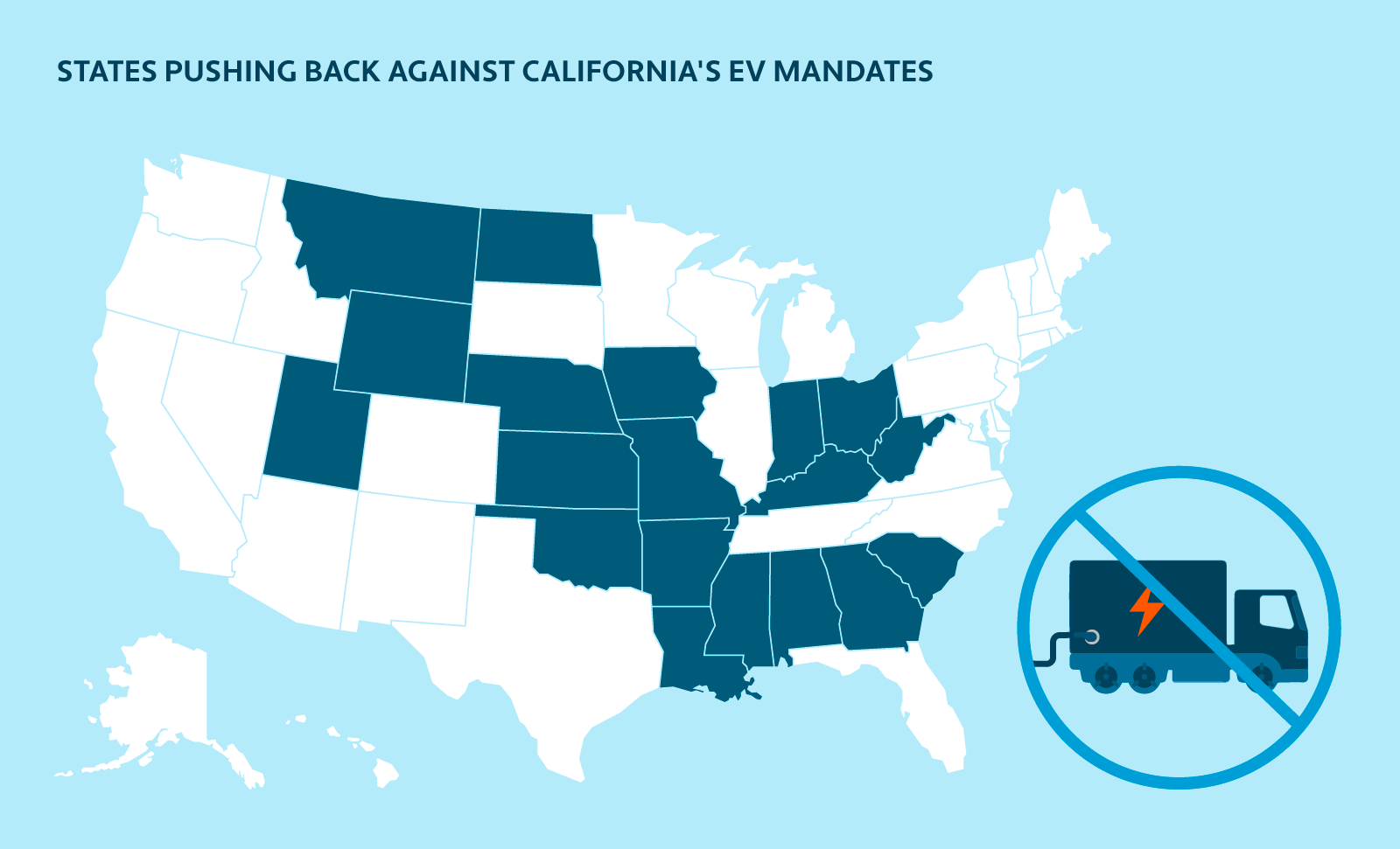 Map of the United States highlighting which states are pushing back against California’s EV mandates 