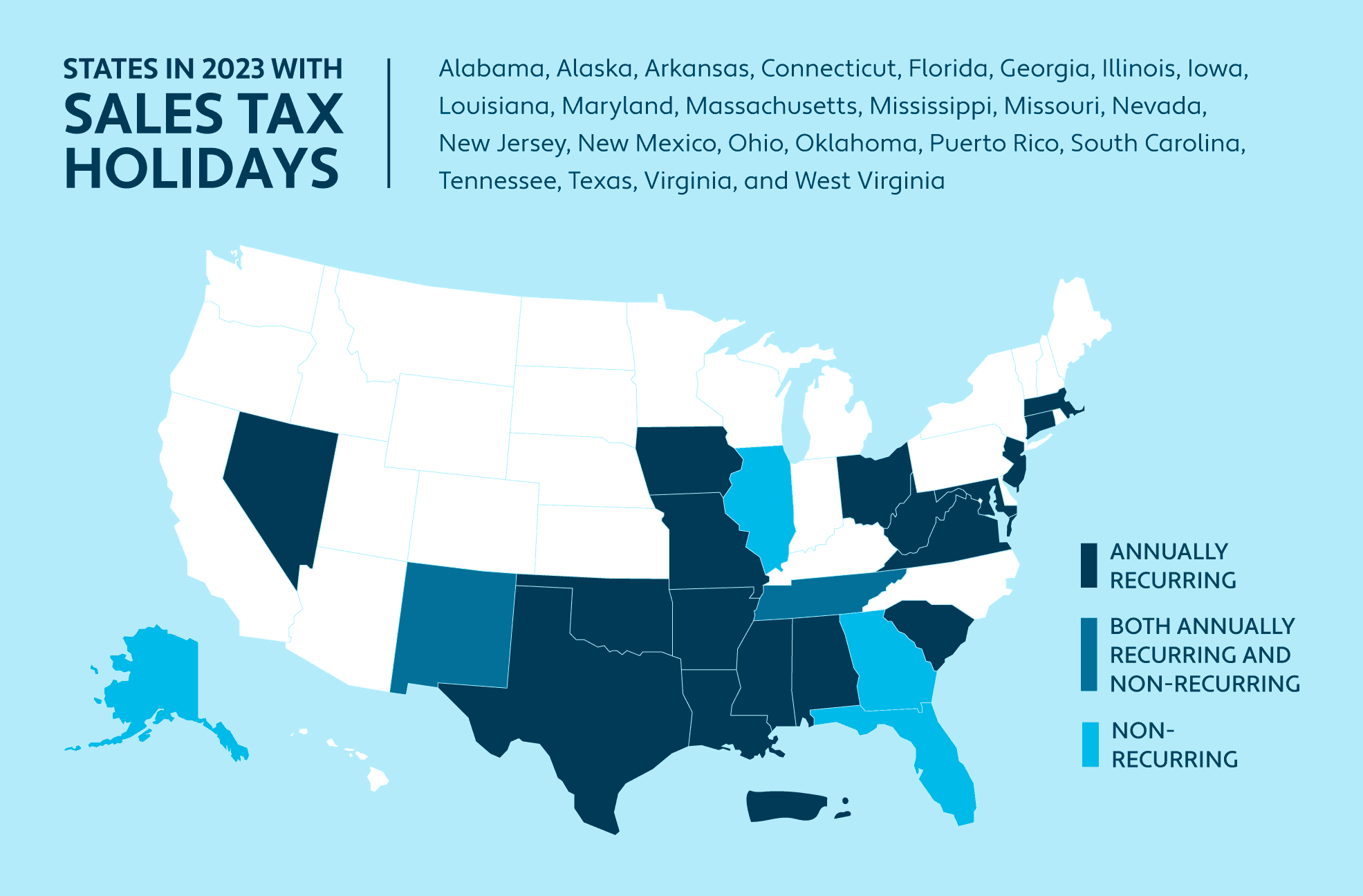 Map of U.S. states with sales tax holidays in 2023 