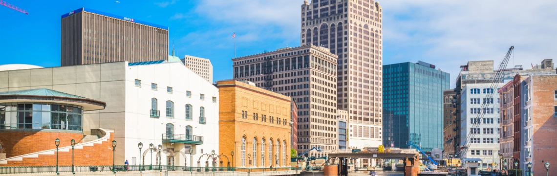 Buildings, river, and bridge in Milwaukee, Wisconsin