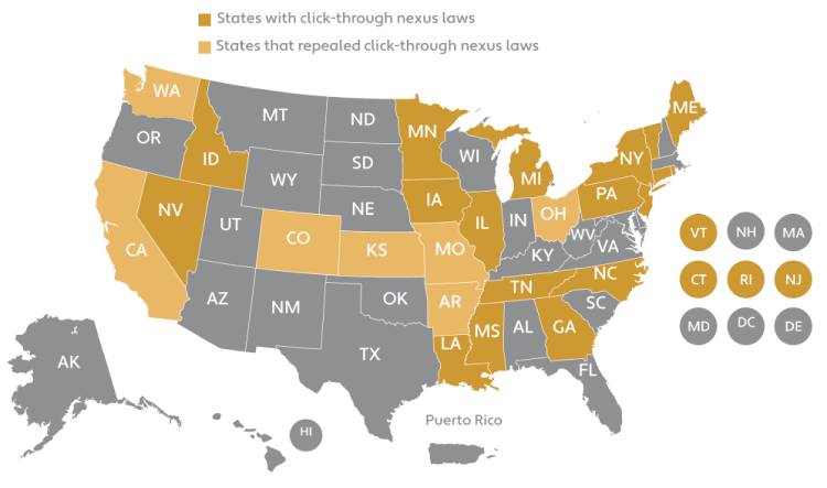 Map of US click-through nexus law states by Avalara