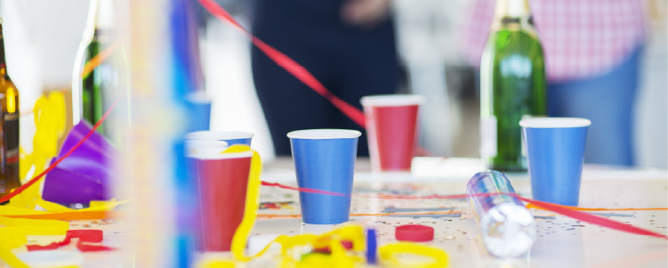 streamers, bottles, and party cups